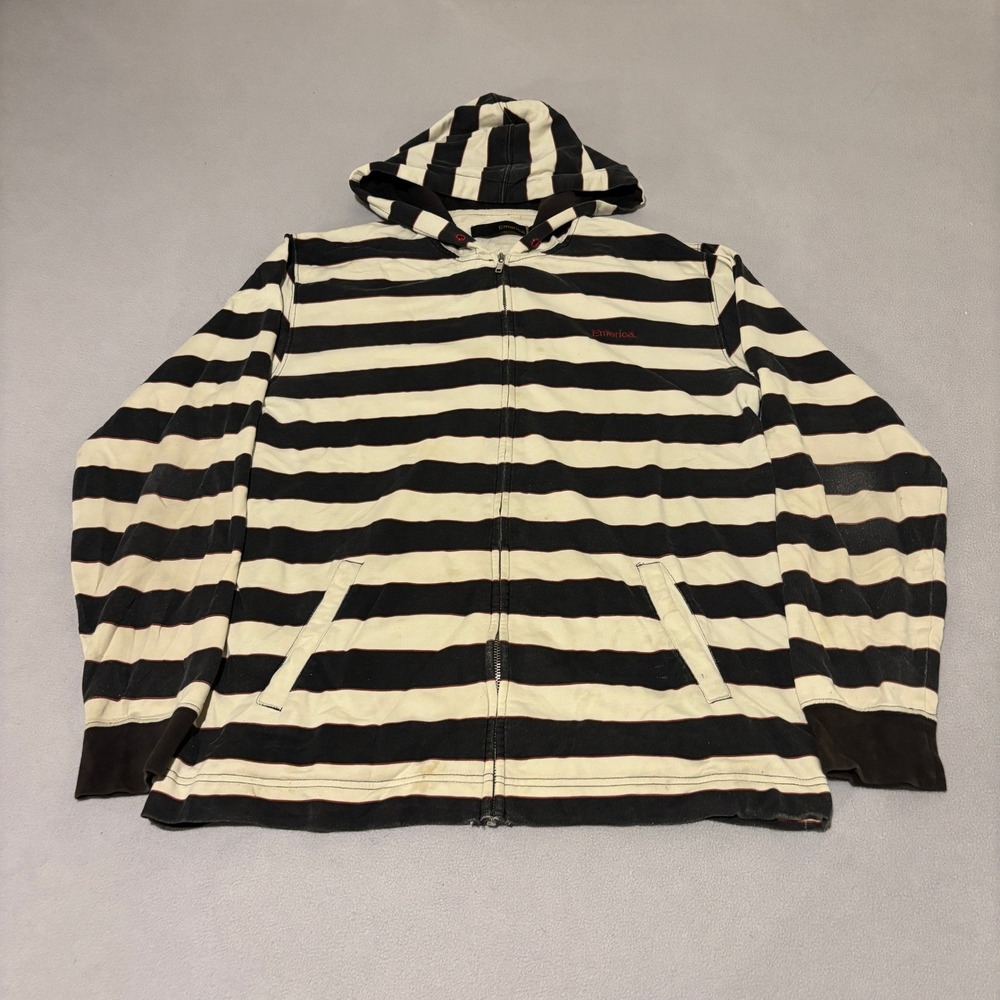 Emerica Mens Medium Striped Full Zip Hoodie Black White Red Logo Skateboarding